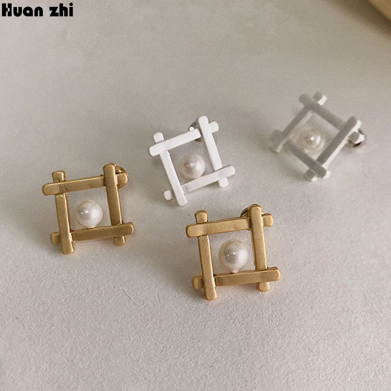 HUANZHI, S925 Стерлинговое Серебро, булавка, корейское золото, матовый металл, геометрический квадратный жемчуг, маленькие серьги-гвоздики для женщин и девушек