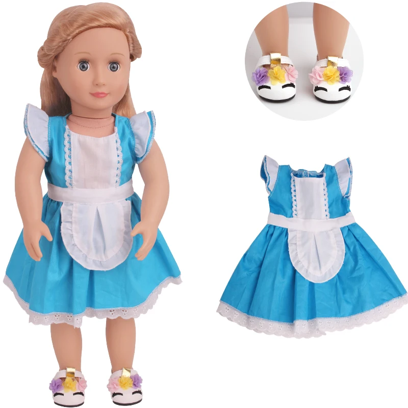 

18 inch Girls doll dress Cute blue dress with shoes American newborn skirt Baby toys fit 43 cm baby dolls c781