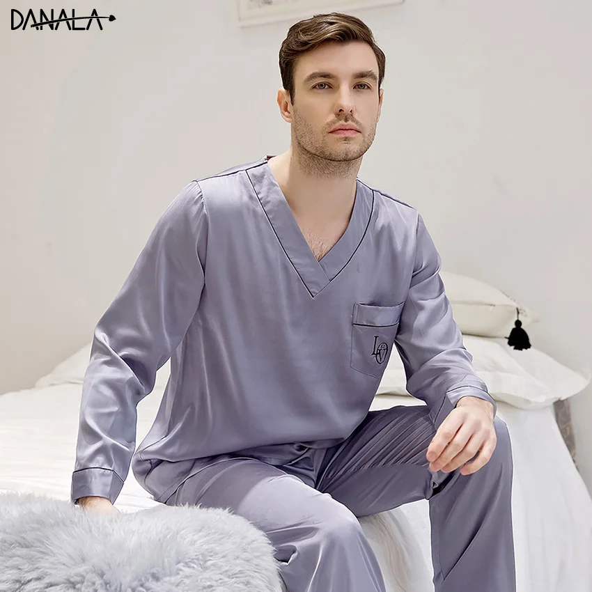 R195069-GY3 DANALA парная Пижама наборы для ухода за кожей шелковый атлас Vogue Твердые простой освежающий пара пижамы для женщин дома костюмы но - Цвет: R195069-GY3