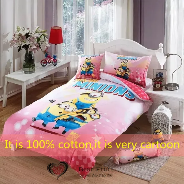 2015 new cotton children kid cartoon pink minions pattern bedding minions full sheet set
