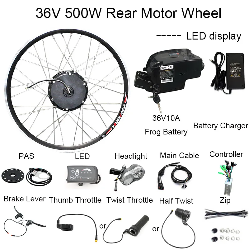 DIY комплект 36V10Ah батарея 350 Вт Электрический велосипед мотор конверсия Ebike наборы светодиодный двигатель дисплея велосипеды комбинированный раздельный пакет - Цвет: 36V10A500WLED Rear