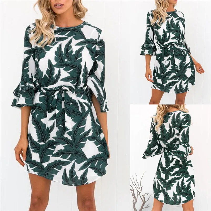 Fashion dress women summer Autumn 2018 Ladies Casual Three Quarter Leaf Printed Boho Dresses O-Neck Mini Dress vestido A21#N (2)