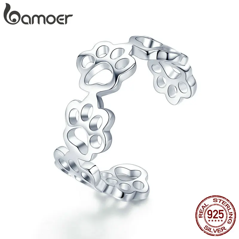 BAMOER Hot Sale 925 Sterling Silver Adjustable Cat And Dog Footprints Paw Trail Rings for Women Party Silver Jewelry SCR424