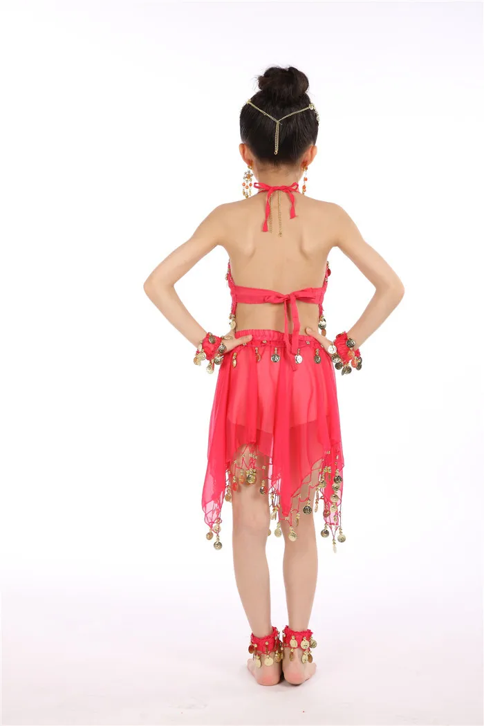 Болливудские танцевальные костюмы для девочек, детский индийский костюм для танца живота, комплект из 6 предметов(топ+ юбка+ головной убор+ вуаль+ цепочка на руку+ ножной браслет