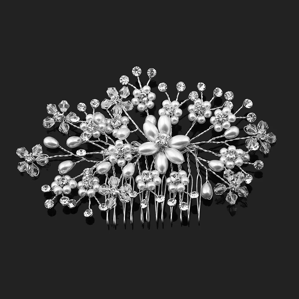 

SLBRIDAL Alloy Silver Wired Rhinestones Crystals Flower Pearls Wedding Hair Comb Bridal Hair Accessories Bridesmaids Women