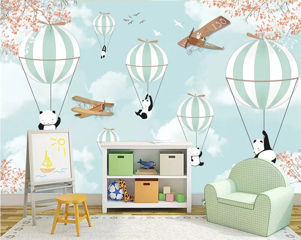 

beibehang Custom wallpaper cartoon hand painted animal hot air balloon aircraft mural Children room background wall 3d wallpaper