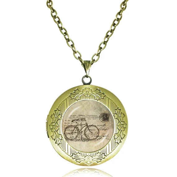 Vintage bicycle art photo locket necklace bike pendant necklace glass