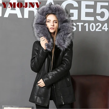 

YMOJNV 2018 winer coat women faux fur collar hooded slim fur coat female double-faced fur outerwear oversized black women jacket