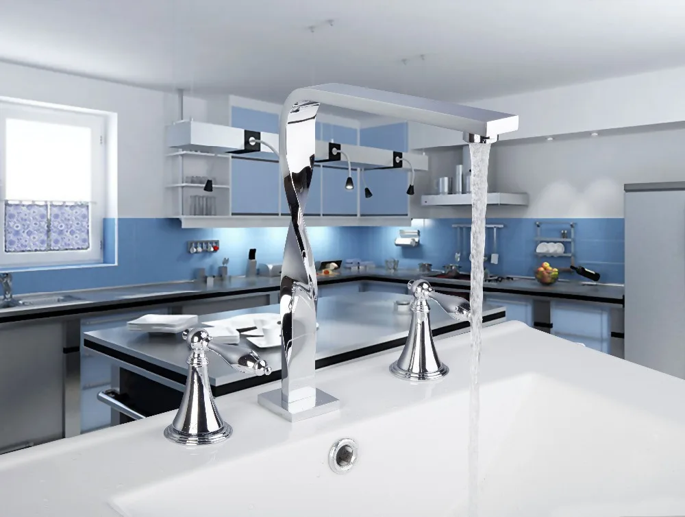 

Luxury Chrome Construction 3 pcs faucet 56H Waterfall Deck Mounted Bathroom Basin Sink Bathtub Double Handles Mixer Tap Faucet