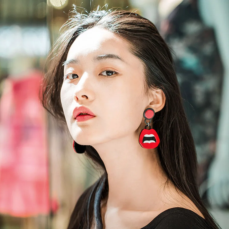 Pendientes Mujer Moda 2018 красный большой рот губы хиппи Висячие серьги для женщин панк