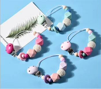 

Silicone and Wood Pacifier Clip Wooden Bead Dummy Clip Holder Cute Pacifier Clips Soother Chains baby Teething Toy for Baby Chew