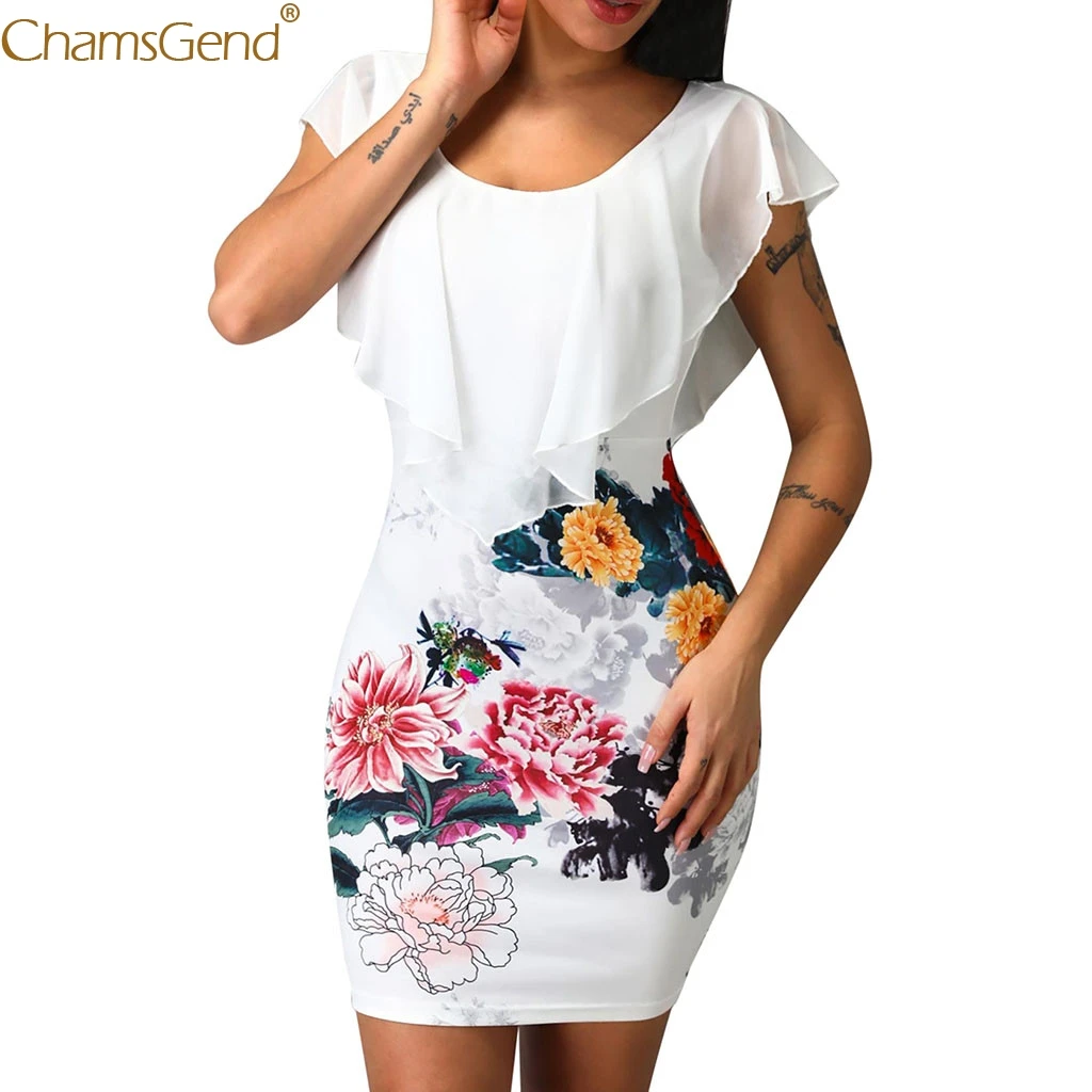 

Summer Dresses Women 2019 Floral Print O-Neck Sleeveless Ruffles Dresses Woman Party Night Plus Size Bodycon Dress White May