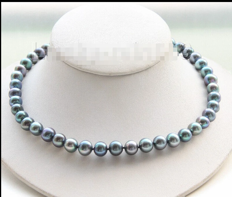 

Genuine 17" 10mm natural round peacock black freshwater pearls necklace e2241