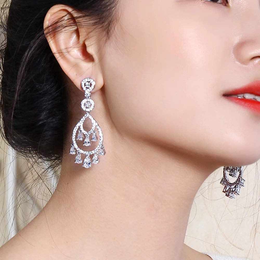 Nice Dangle Earring Teadrop White Zirconia stones White and Gold-color Brass Nickle free Jewellery Women's Drop Earrings