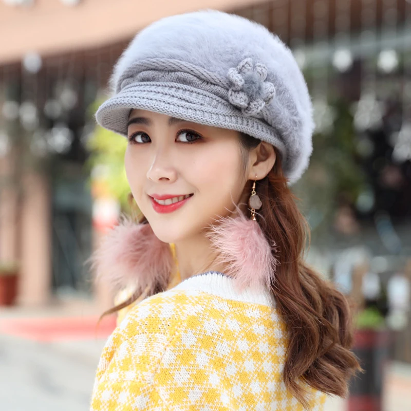 

HT1915 New Autumn Winter Beret Hat Rabbit Fur Hats for Women Ladies Warm Knitted Hat Casual Newsboy Beret Cap Solid Female Beret