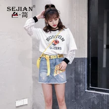 SEJIAN Women’s Cotton Denim Skirt Light Blue Spliced Bleached Vintage Tassel Skirt Casual Letters Printed Skirts 3005#