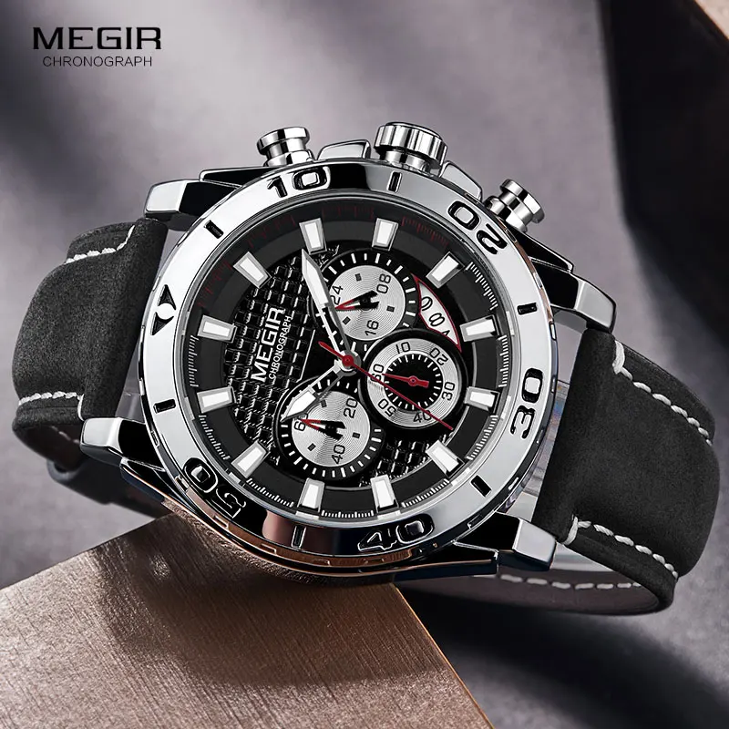 Günstig MEGIR männer Armee Sport Chronograph Quarz Uhren Leder Armband Leucht Wasserdichte Armbanduhr Mann Relogios Uhr 2094 Silber