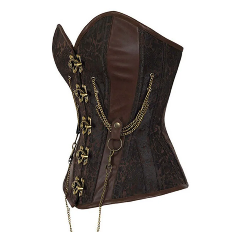 Women's Gothic Clothing Brown Buckle Steampunk Corset With Chains Sexy Slimming Belt Waist Trainer Corsets Overbust  (2)