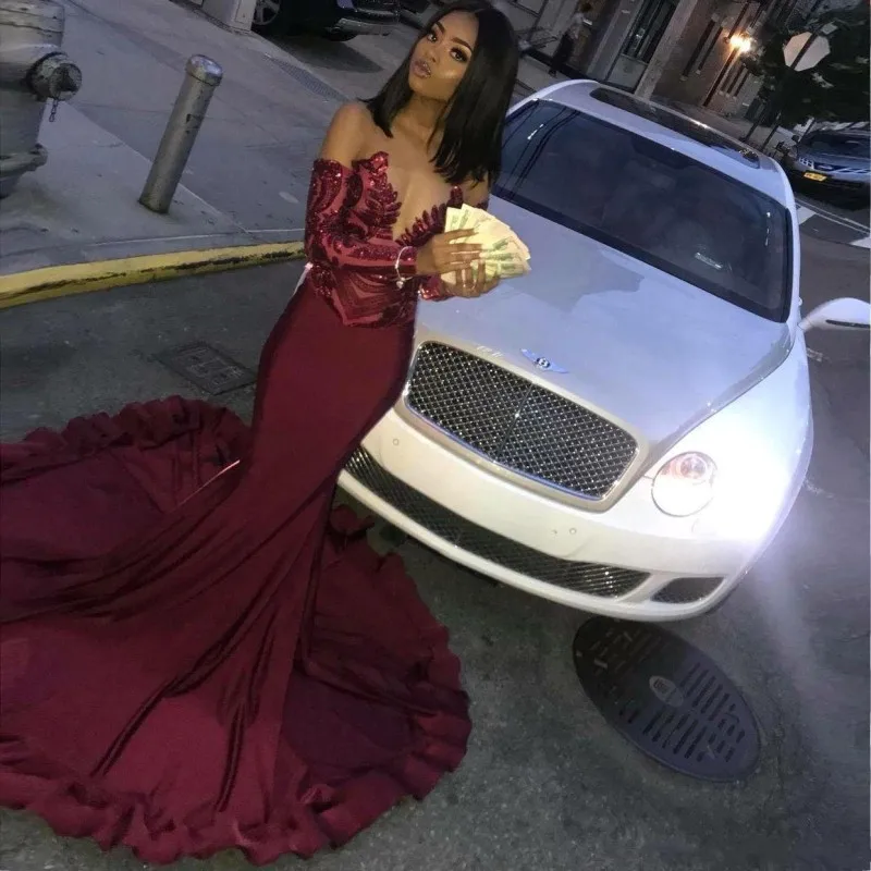

Black Girls Maroon Prom Dresses 2019 Mermaid Illusion Sequins Lace Top Plus Size Pageant Evening Dress Formal Party Gowns
