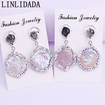 

5Pair Rhinestone Pave Coin shape nature Pearl Earrings Elegant Drop Dangle Earrings Fashion Women Jewelry