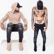 2017 хип-хоп Мужчины Denim Проблемные Джинсы мужские Брюки Марка Тощий Рок Разорвал Фитнес Отверстие Кнопка Карман На Молнии Джинсы