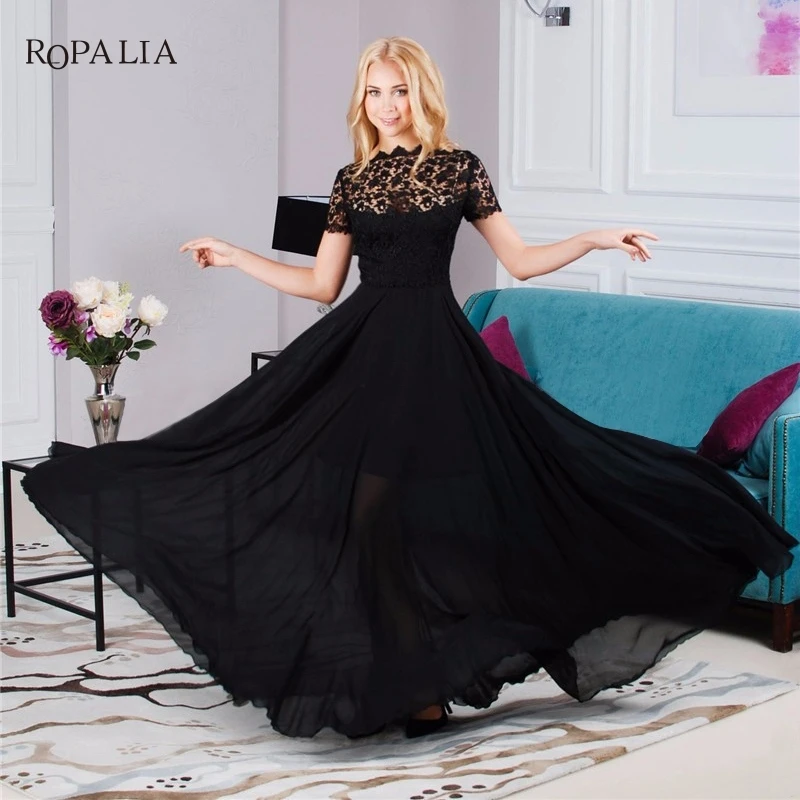 Comprar Moda mujer encaje Maxi vestido verano Sexy Formal manga corta elegante Floral negro encaje perspectiva vestido fiesta vestido largo