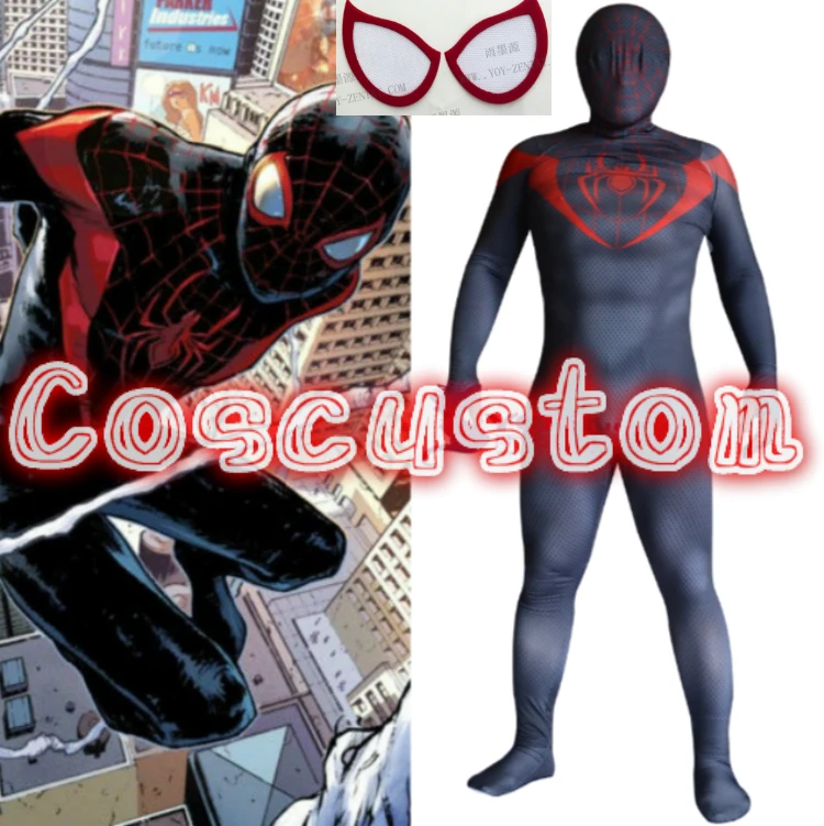 

Coscustom High Quality Miles Morales Spiderman Costume Printed Zentai Costume with 3D Muscle Shades Cosplay Costume