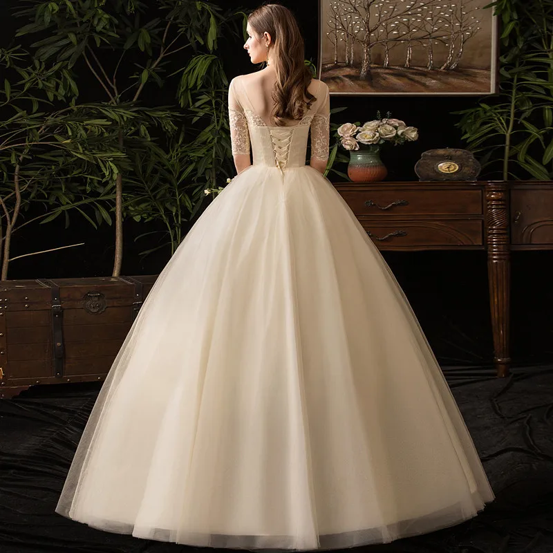 Новое Белое простое свадебное платье с О-образным вырезом и коротким рукавом, кружевное платье в пол с цветочным рисунком, приталенное свадебное платье, Vestido De Noiva L