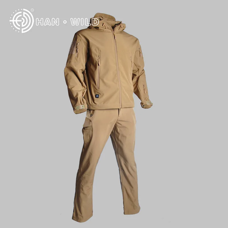 Тактические камуфляжные мужские костюмы из кожи акулы, армейская охотничья походная одежда для рыбалки, военная водонепроницаемая куртка с капюшоном+ штаны