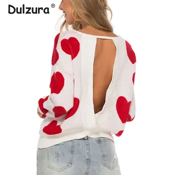 

Autumn Sexy Hollow Back Knitted Sweater Women 2019 Heart Print O-Neck Pullovers Top Fashion Special Loose Jumper Sweater Mujer