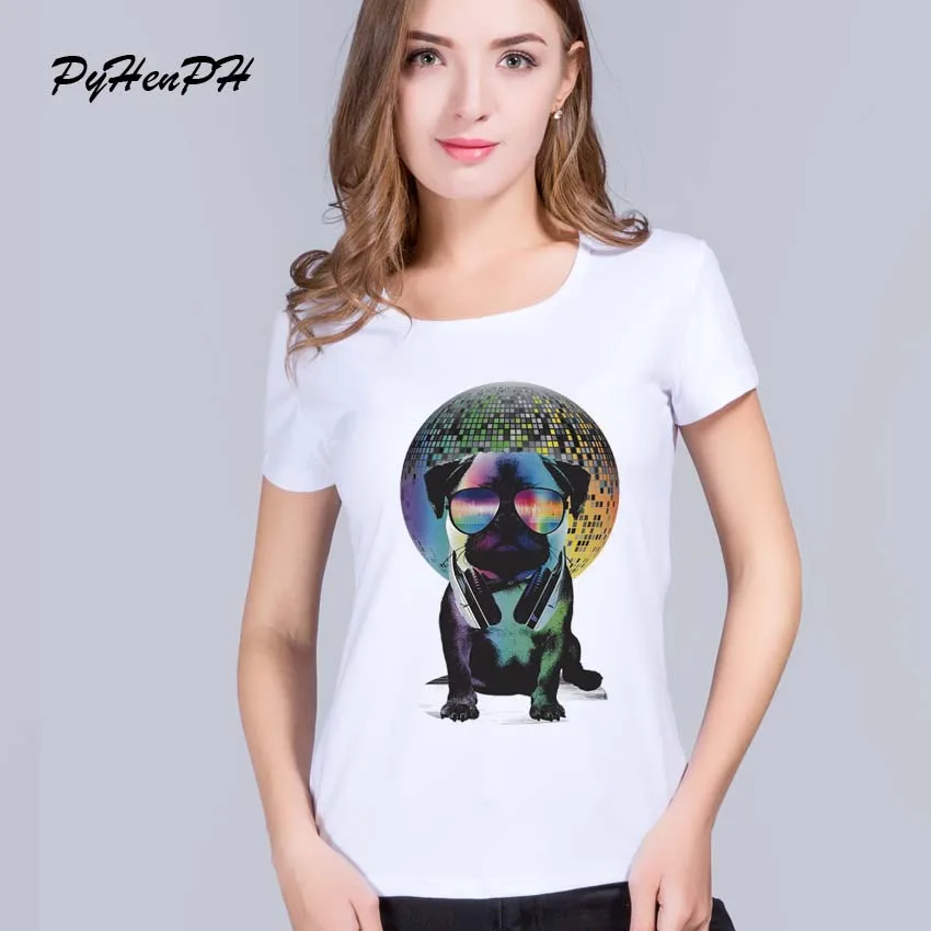 

PH New arrival Fashion women Music Pug Disco Dog Print tshirt Cute Animal Design t shirt camisetas