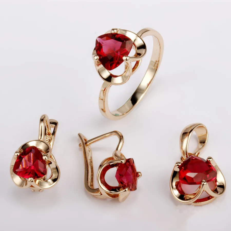 

Engagement Jewelry Sets Office Style Rose 585 Gold Color Women Jewelry Red Cubic Zirconia Necklace/Ring/Earring Sets