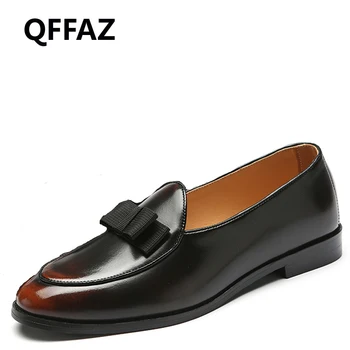 

QFFAZ new men leather shoes Men Dress Shoes sapato masculino oxford Hand Sewing slip on Business Men Shoes Men Wedding Shoes