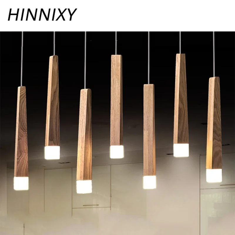 

Hinnixy Long Wood Tube LED Pendant Lamp Adjustable Length Decorative Suspension Lights For Parlor Dining Room Bedroom Hotel hall