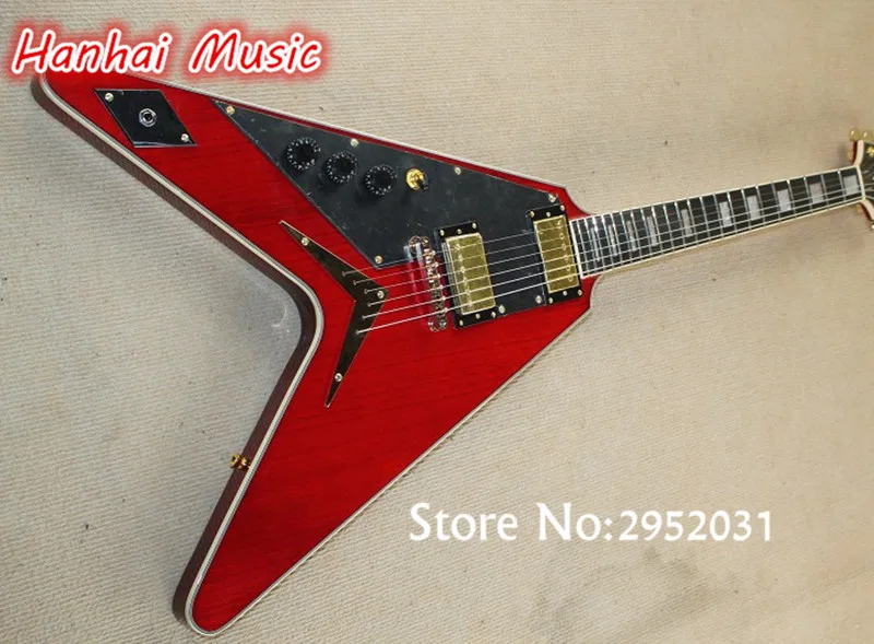 

Free Shipping-Electric Guitar,Flying V Shape,Gold Hardware,Claret-red Color,String-thru-body Design,can be Customized