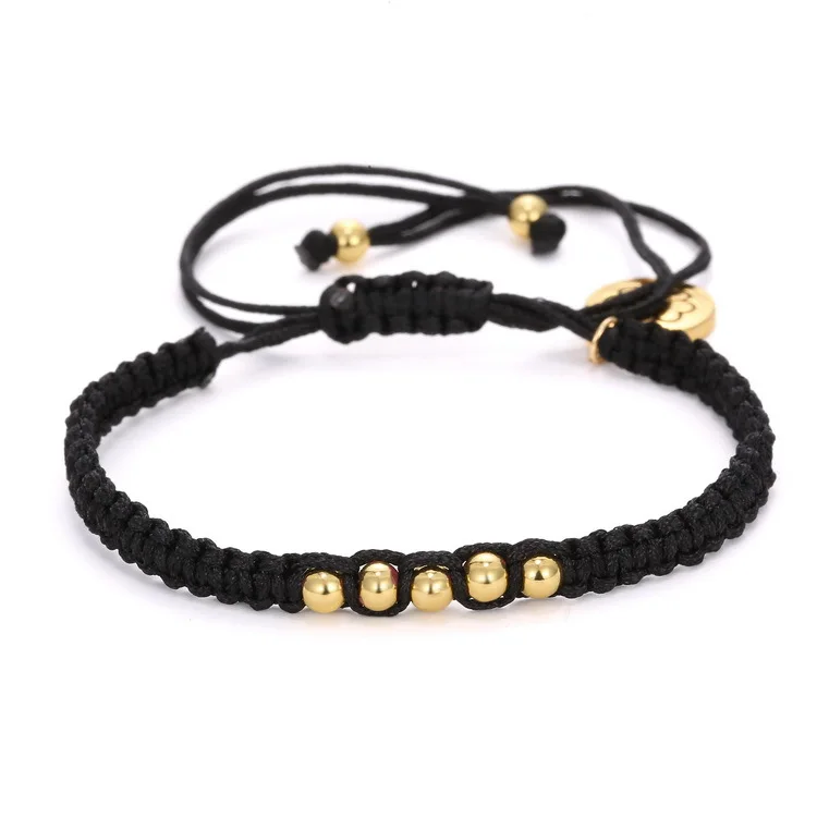 Black Rope Hand Braided Macrame Bracelet Small Round Clover Beads ...