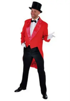 

Custom Made Red Man Tailcoat Satin Lapel Long Blazer Groom Tuxedos Mens Wedding Party Suits Performance Costumes(Jacket+Pants)