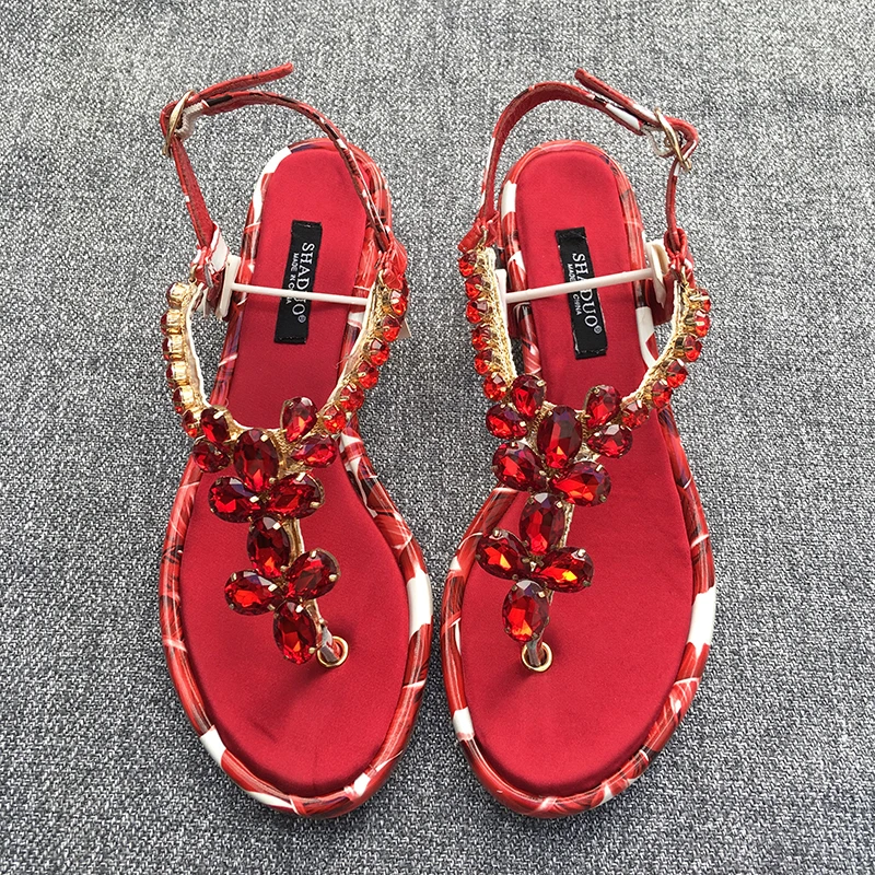 

2018 SHADUO top quality Women's high heel silk rhinestone sandals, blue and white porcelain printed beach casual shoes