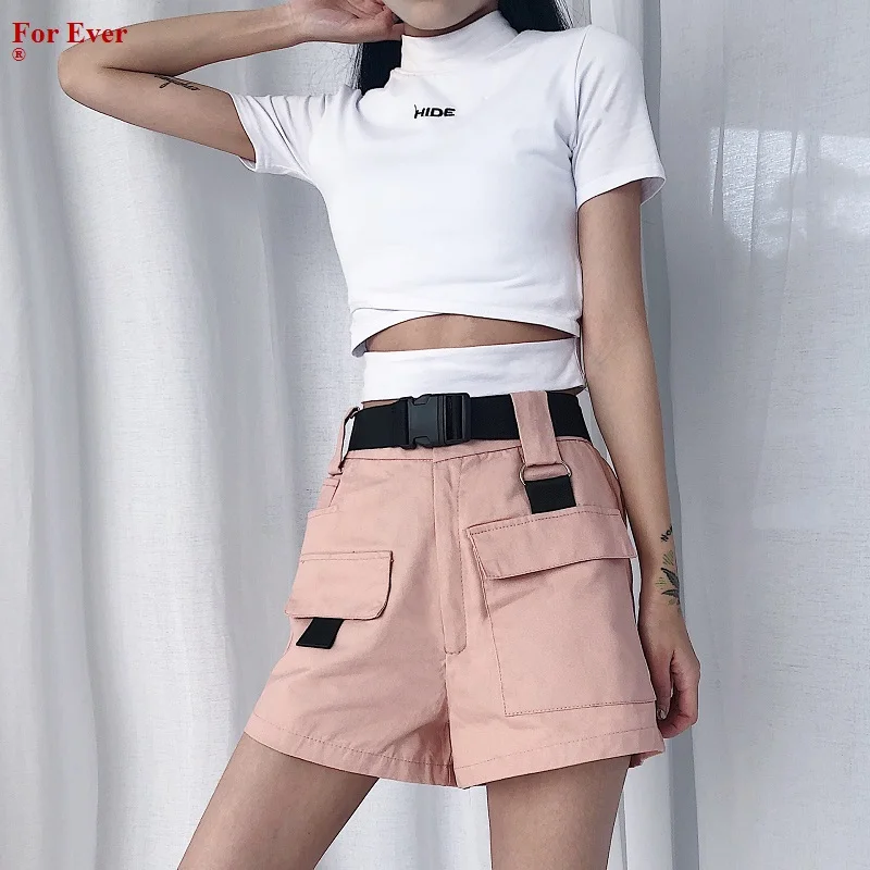 

High Waist Vintage Summer Cargo Shorts Denim With Belt Pocket 2019 Streetwear Loose Ladies Shorts Jeans Women Mini Short Pants F