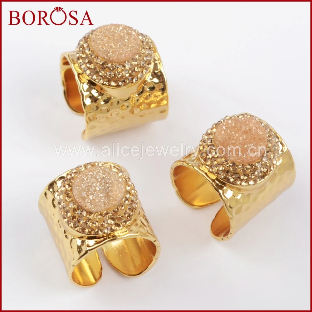 

BOROSA New Round Champagne Druzy Crystal Gold Band Ring Pave Gold Zircons Drusy Gems Crystal Adjustable Rings Jewelry JAB831