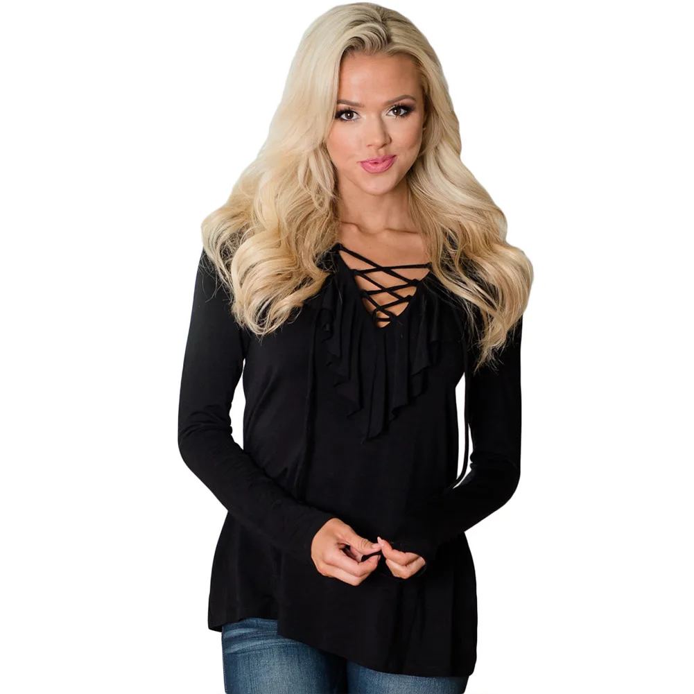 

Autumn new style European and American women's wear V cross crossed with wrinkled lotus leaf long sleeved large size