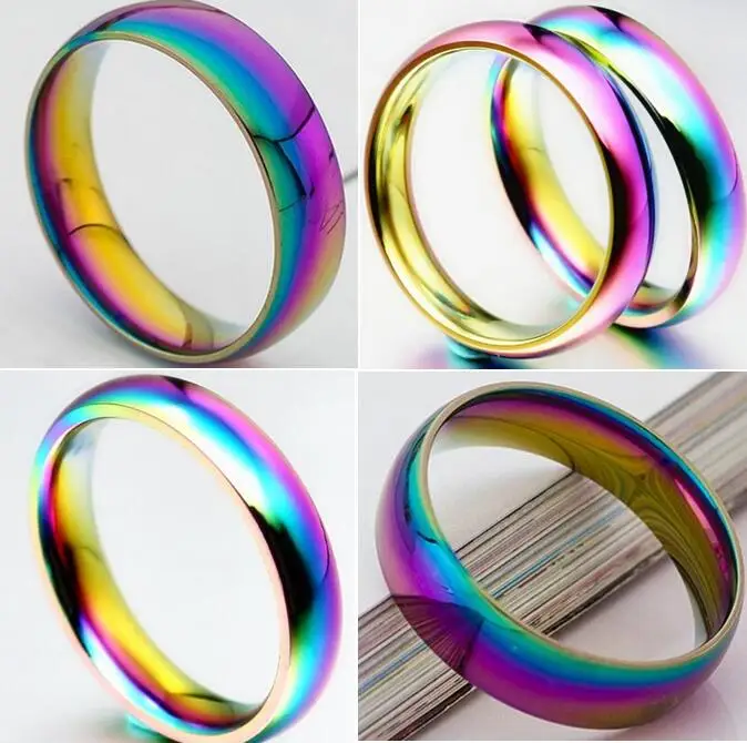 

Wholesale 100pcs Mix 4mm 6mm Rainbow Color Comfortable 316L Stainless Steel Band Rings Men Women Fashion Jewelry