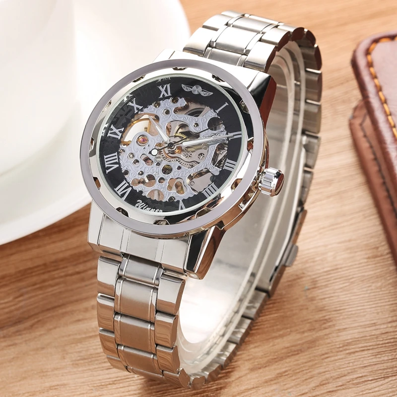 

Winner Watch Men Skeleton Hand-winding Mechanical Watch Gold Skeleton Stainless Steel Band Man Watch Brand Luxury reloj Hombre