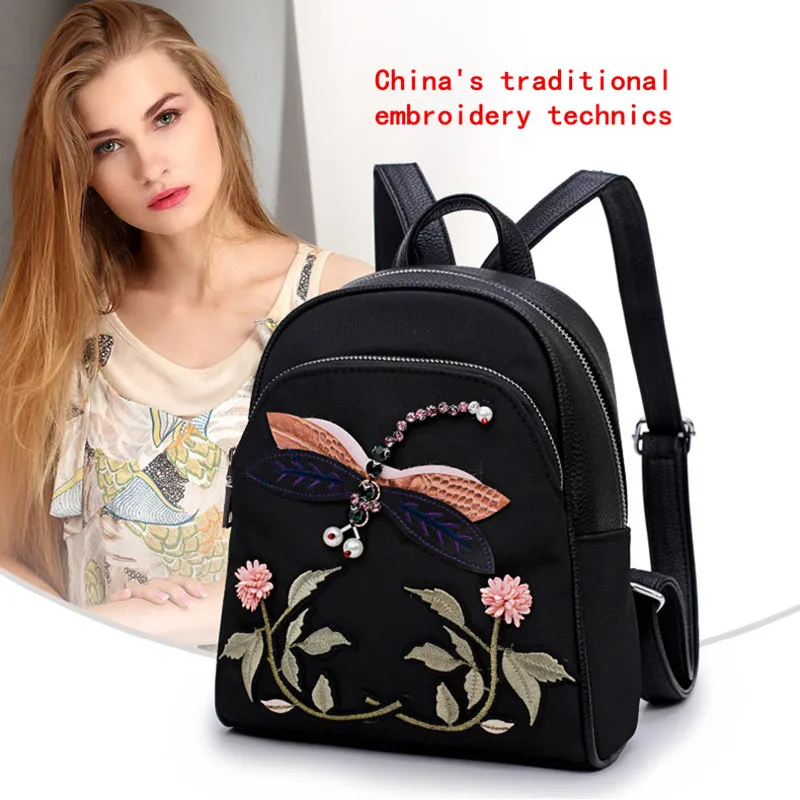 

2017 Fall New High-end Oxford Backpack Ethnic Graceful Embroidery Flowers Shoulder Bag Women Black Multifunction Knapsack