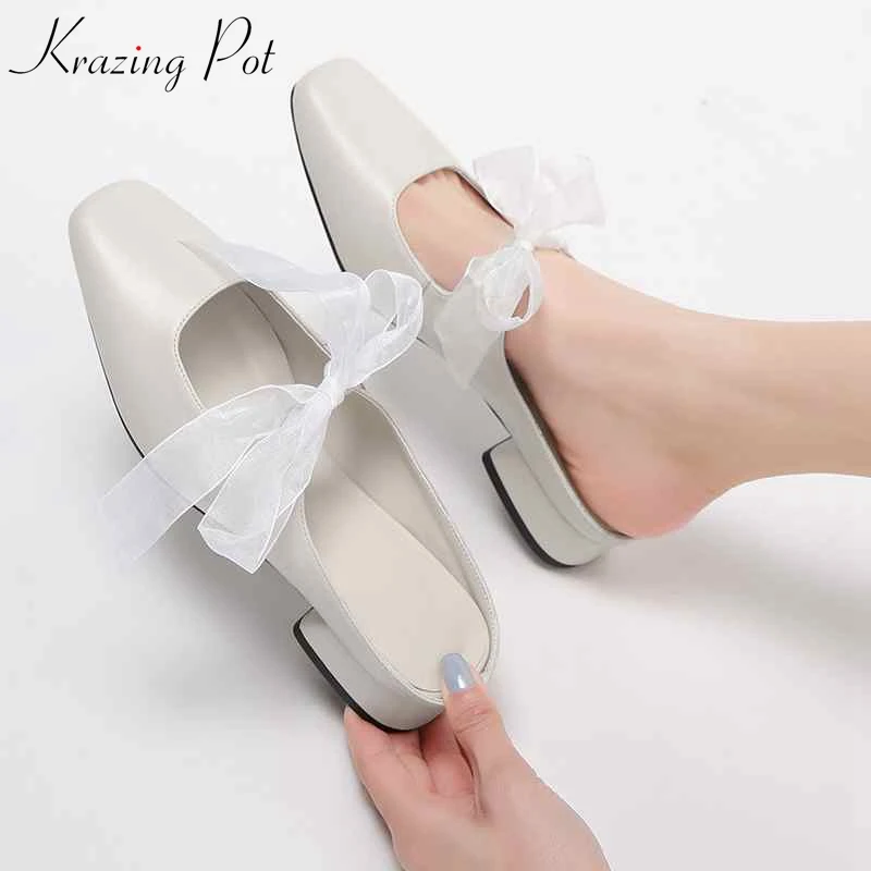 

Krazing Pot 2019 new genuine leather square toe ribbon bowtie design daily wear mules women princess fairy girls cozy pumps L27