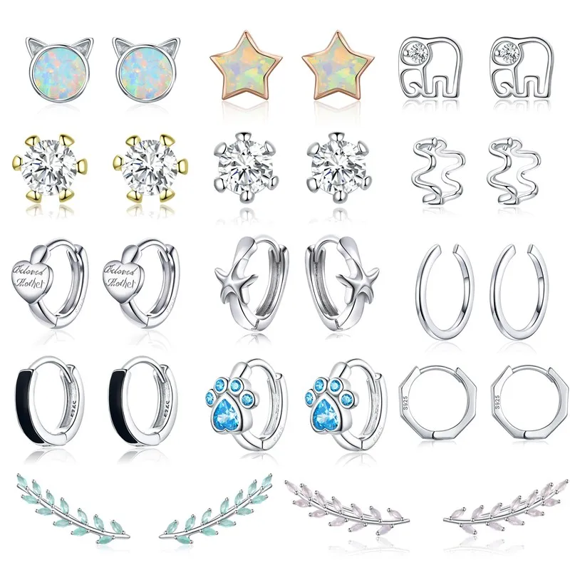 

Original 925 Sterling Silver Colorful CZ Star Elephant Cat Paw Earrings 2019 Heart Meteor Long Leaf Stud Earrings for Women S925