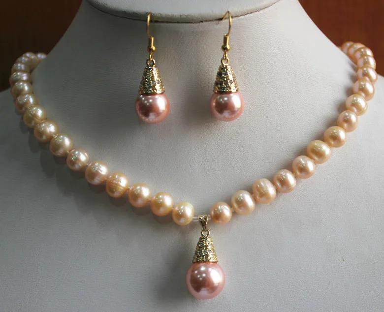 

Wholesale 8mm noble yellow shell pear necklace and 14mm pink earrings and pendant jewelry sets