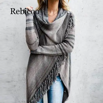 

2019 Women Tassel Knitted Sweater Poncho Casual Stripe Irregular Loose Cardigan Cape Coat Tops Autumn Winter