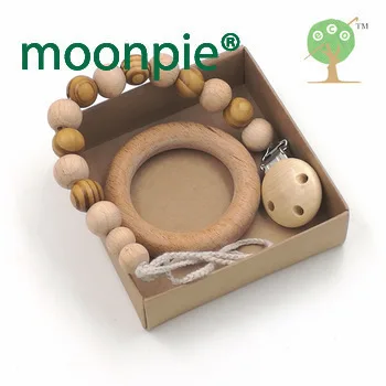 NIB Natural wooden soother clip,15mm beech wood beads dummy chain wooden round teether ring, pacifier clip baby gift set NTS139
