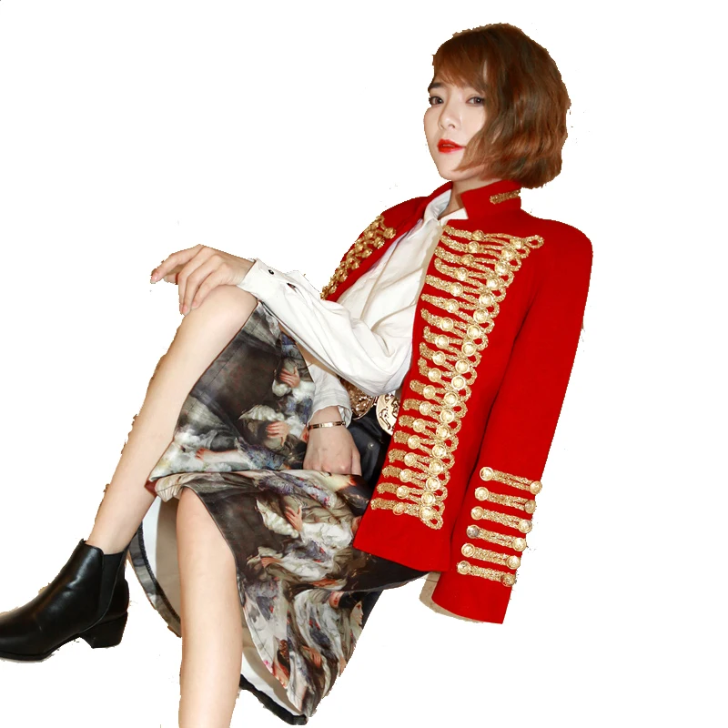 Womens Vintage Military Coat Double Breasted Wool Blend Jacket Outwear Slim Fit Red Gold D9